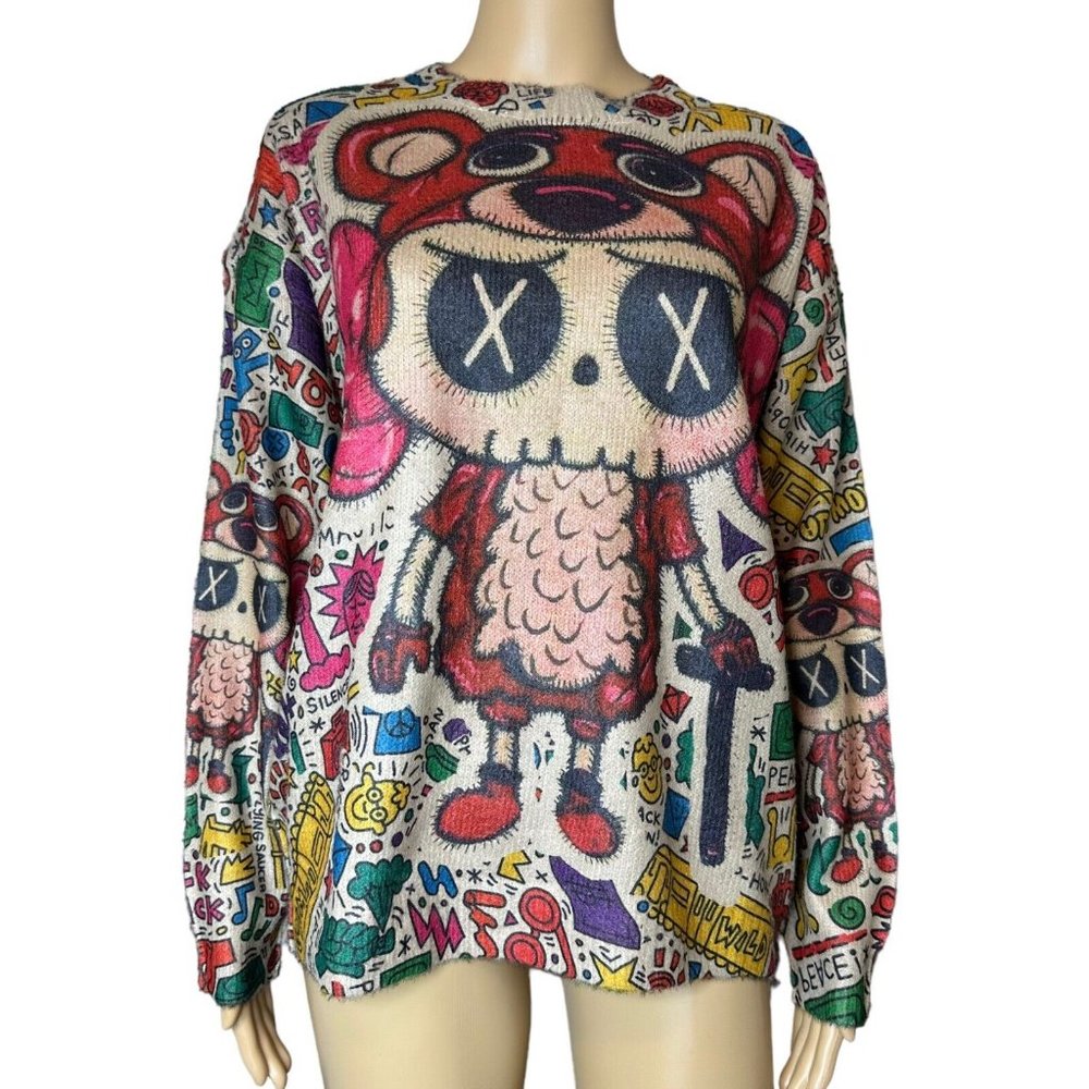 Womens Pullover Sweater Small Beige Red Stretch Crew Neck Print Bear Dolls Relax - Picture 9 of 16